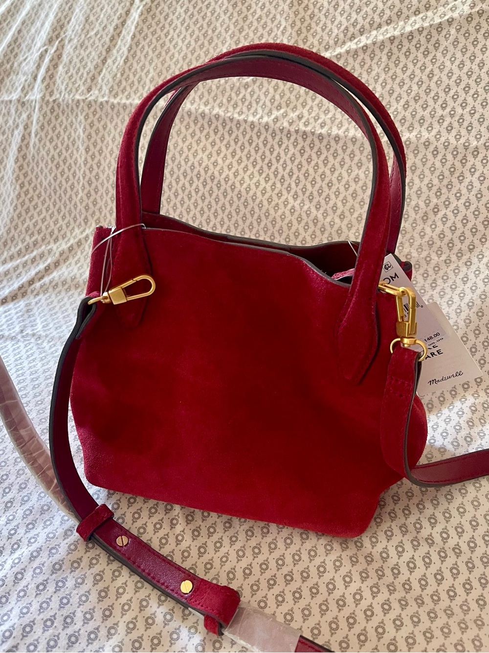Madewell Suede Crossbody Mini Tote in wild cranberry